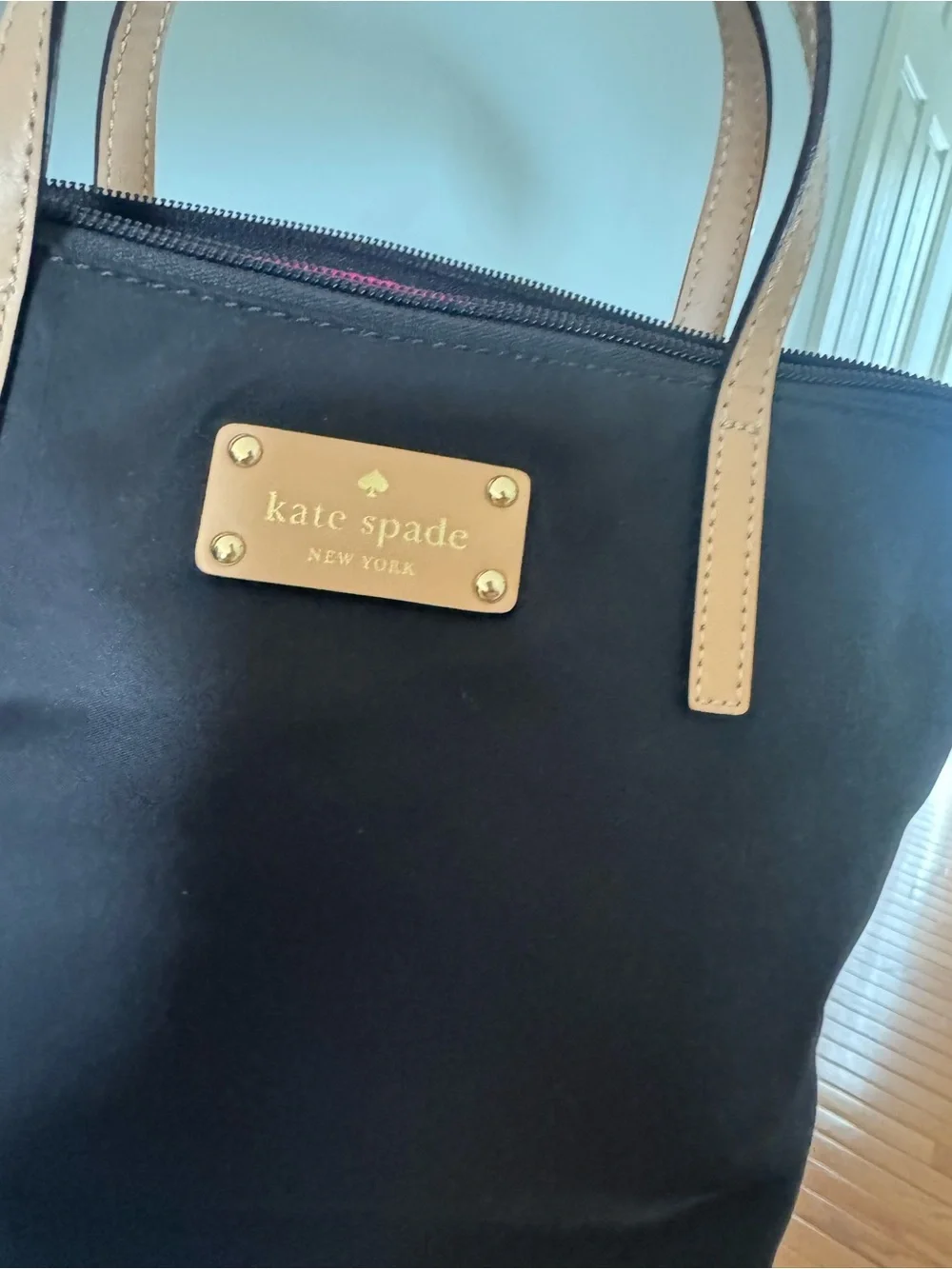 kate spade Black Nylon Tote with Tan Leather Handles and Gold Plaque